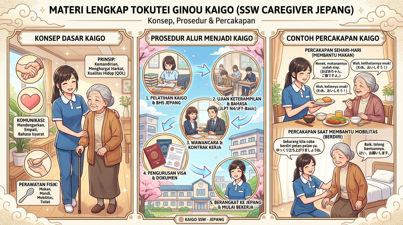 Materi Lengkap Tokutei Ginou Kaigo (SSW Caregiver Jepang): Konsep, Prosedur & Percakapan
